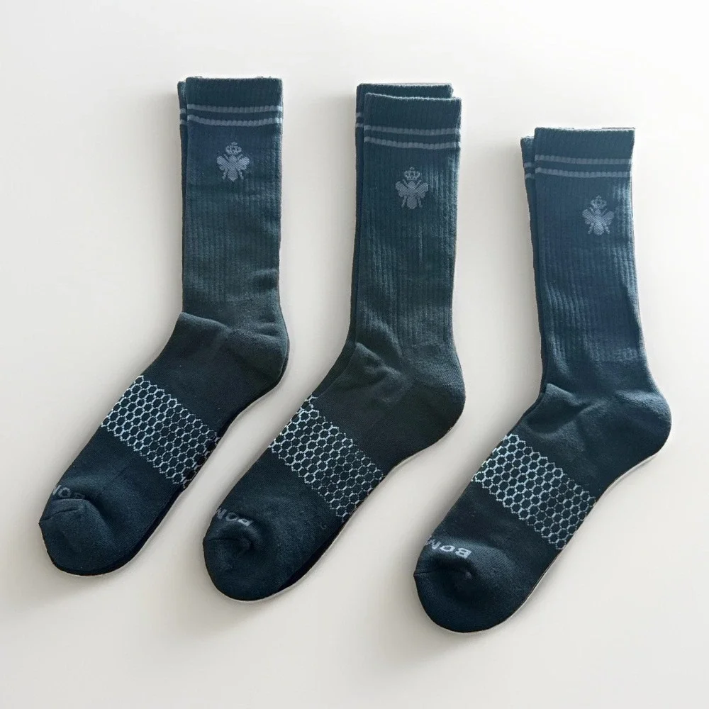 LOT OF 3 Bombas Men's Crew Socks XL Black/Gray Striped Gym Casual Sporty NWOT